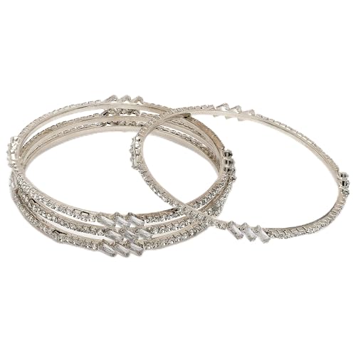 Image of ZENEME Jewelry Rhodium Plated Brass Silver Toned Set Of 4 American Diamond Gold Plated Bangles For Women and Girls