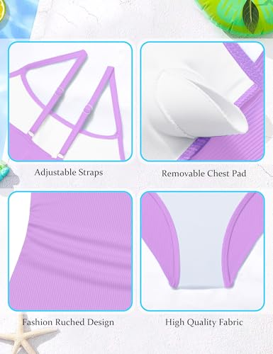 Image of AGAPENG Girls Swimsuit One Piece Ruched Solid Color Bathing Suit for Girls Ribbed Adjustable Straps Pad Swimwear 9-16Y
