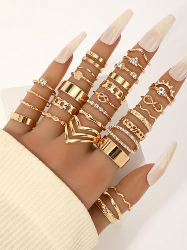 30PCS Gold Rings Set Boho Knuckle Ring for Women Delicate Stackable Rings Fashionable Rings for Women Stylish Jewelry Accessory for Any Occasion(Gold) Regular Copper No Gemstone