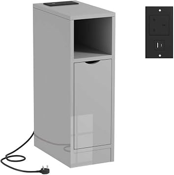 Rainbow Tree Slim Bedside Table Cabinet with Charging Station&Storage Space for Bedroom, Narrow Sofa Side Table End Table, High Gloss Grey Nightstand