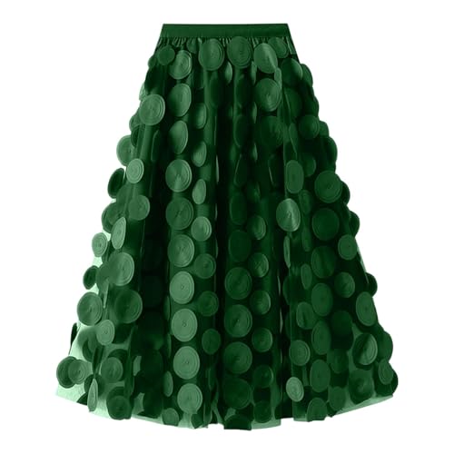 Rock Damen Lang Tüllrock 3D Polka Dot Faltenrock Vintage A-Linie Lang Midi Rock Hohe Taille Hochzeitsfeier Tanzkleider Ballettröcke Grün L