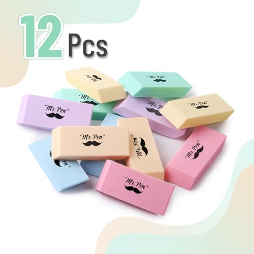 Image of Mr. Pen- Pencil Eraser, 12 Pack, Pastel Colors | Large Latex Free Block Erasers for School, Office, Art Sketching, Homework, Exams, Clean Smudge-Free Correction