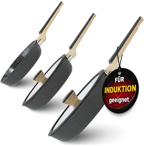 Pela Welle® Pfannenset Induktion, 3 beschichtete Pfannen mit 2 Deckeln, schwarz | Bratpfanne...