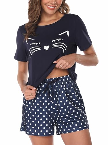 Reliwel Pijama Mujer Algodon Corto Conjunto de Pijama Manga Corta Mujer de 2 Piezas Impresión de Gato Ropa de Dormir de Casa Conjuntos de Salón Camiseta y Pantalones Corto con Bolsillos y Cordón S-XXL