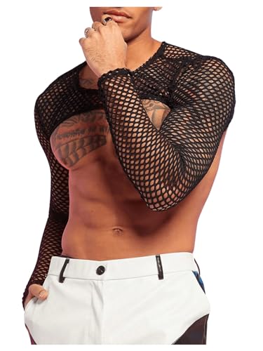 WDIRARA Men's Fishnet Sheer Mesh Long Sleeve T-Shirt Crop Top Slim Fit Party Tee Tops