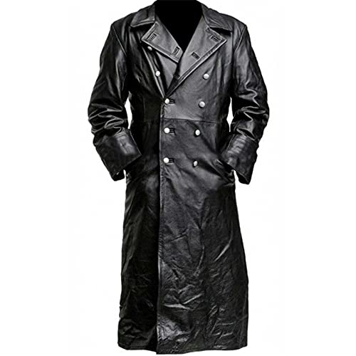 Men Classic Officer Military Black Leather German Long Trench Coat,German Trench Coat for Men