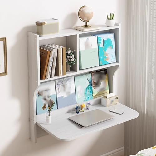 Bureau mural pliable blanc table rabattable gain de place avec étagères de rangement