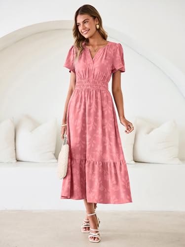 Image of Simplee Womens Summer Boho Maxi Dress Semi Formal Wedding Guest Short Sleeve V Neck Empire Waist Floral Long Dresses
