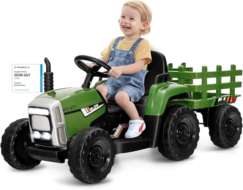 COSTWAY 12V Tracteur Électrique Enfants avec Pelle & Remorque Amovible, Véhicule Électrique à 6 Pneus avec Lumière LED & Musique & Klaxon, Télécommande 2,4G,...