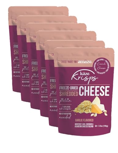 KAZE Krisps Freeze-Dried Shredded Cheese Crisps - Low Carb and High Protein Snacks - Perfect Crunchy Cheese Snacks, Use it as Keto Snacks, Delicious Cheese Soup Toppings and Salad toppers – (Garlic Flavored) 3.5oz Bags (Pack of 6)