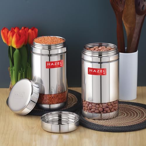 Image of HAZEL Stainless Steel See Through Transparent Container | Kitchen Air Tight Storage Dabba Containers Set of 2, 1200 ML