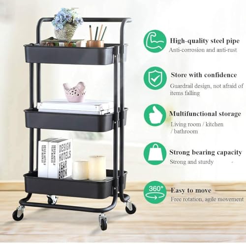 Image of KRISHYAM 3-Tier Mesh Utility Cart with Lockable Wheels, Rolling Metal Storage Organizer, Carbon Steel Kitchen Trolley for Fruits, Vegetables, Bathroom & Home (3-Layer Square with Handle)