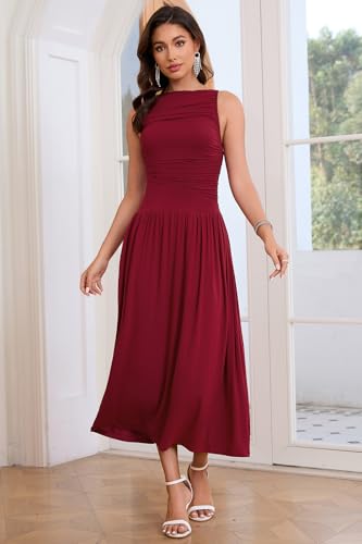 Image of Womens Summer Casual Midi Maxi Dress 2026 Sleeveless Ruched A Line Flowy Cocktail Wedding Guest Beach Long Sundress