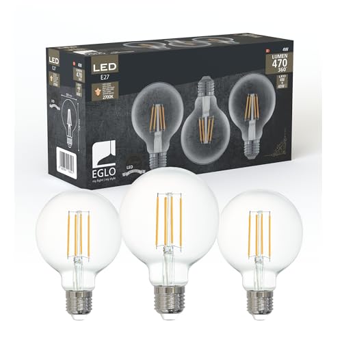 Eglo set di 3 lampade a filamento LED con attacco E27, lampadine Edison vintage trasparenti, 4 watt ciascuna, lampadine a globo bianco caldo, 2700 K, 470 lumen, lampadina retrò G80, Ø 8 cm