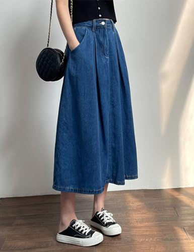 Kinghua Women's Casual A Line Flare Pleated High Waisted Long Jean Denim Skirt with Pocket2