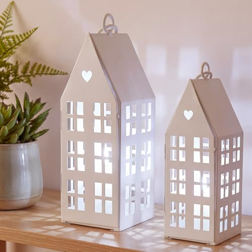SiliFine 2 Set White Farmhouse Village Sets with 2 Pcs White Candles Rustic Houses Village Decor Metal Modern Lantern Decorative for Wedding Valentines Day Home Tabletop Shelf Decor