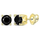 Oro amarillo de 14 quilates. Pendientes de tuerca unisex de oro amarillo de 14 quilates, color negro redondo, con diamante solitario