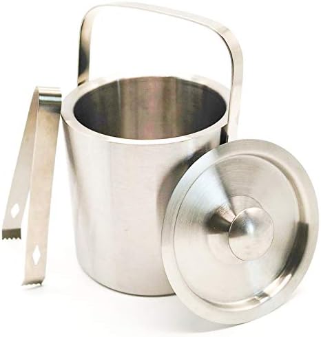 Stainless Steel Ice Bucket with Tongs and Lid; Chiller Set with Double Walled Insulated Design; Great for Cocktail Parties, Barware, Serverware, Holding Ice, Wine, Champagne; 1.3L, Silver