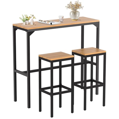 AECOJOY 3-Piece Outdoor Bar Set, Patio Bar Height Table and Chairs Set 47' Rectangular Pub Height Bar Table with 2 Bar Stools Patio Pub Bar Set for Balcony, Porch