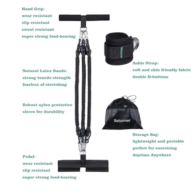 Pedal Resistance Band, Rebomer Exercise Band Home Fitness Band for Working Out, 4-Tube Elastic Sit Up Pull Rope for Men Women, Multifunction Tension Rope for Strength Training/Yoga with 2 Ankle Straps