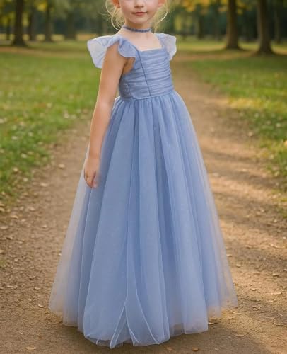 Sparkly Tulle Flower Girl Dress Elegant Square Neck Ruffle Sleeves Princess Girls Wedding Party Long Ball Gowns2