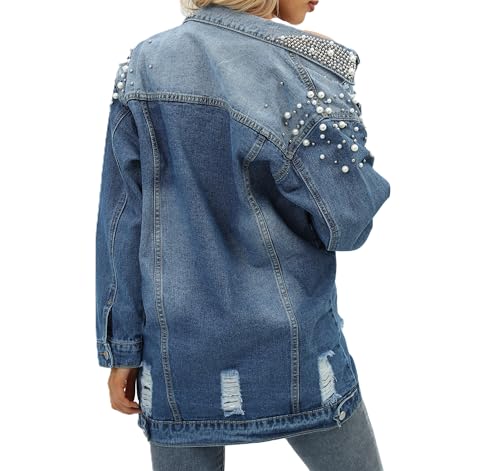 Women's Long Sleeve Button Down Pearl Jean Jacket Boyfriend Long Denim Coat2