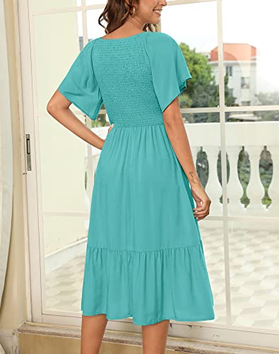 Zattcas Womens 2023 Spring Summer Dress Short Flutter Sleeve V Neck Smocked Ruffle Casual Tiered Modest Midi Dress Teal L #TOP3