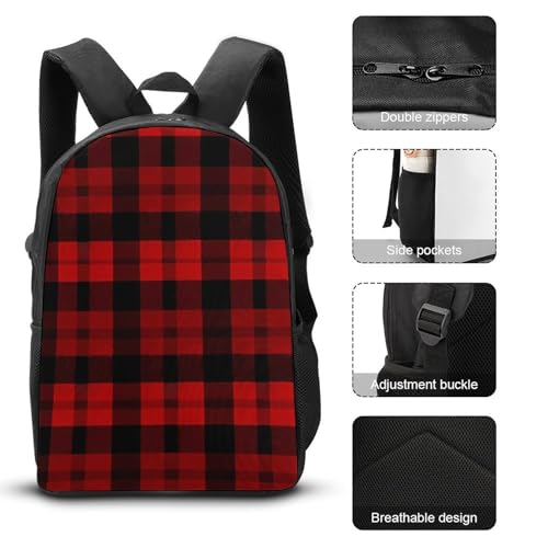 3 Piece Backpack for Women Men Lightweight Causal Daypack Shoulder Bag Set with Insulated Lunch Bag And Pencil Case Organizers Plaid Red And Black3