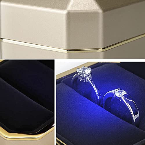 Image of Luxury Ring Box, Square Velvet Wedding Ring Case Jewelry Gift Box with LED Light for Proposal Engagement Wedding, Gold