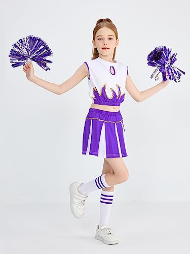 LOLANTA Girls Cheerleader Costume Cheerleading Children Dress Outfit Uniform with PomPoms(Purple, 5-6 years, Tag Size 120) - Image 3