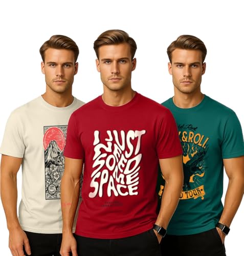 Image of Veirdo 100% Pure Cotton Regular Fit Aesthetic Graphic Printed Round Neck Half Sleeve T-Shirt Combo for Men (Pack of 3) (Green,Red,Swanwhite,Black,Navy Blue,White,Brown,Royal Blue)