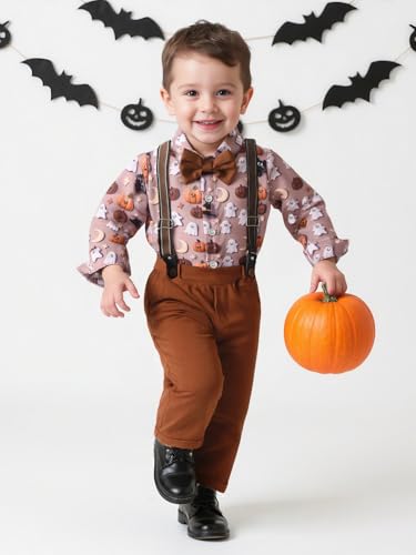 Image of Boarnseorl Baby Boys Pants Sets, Infant Long Sleeve Shirt + Pants + Bow Tie + Suspenders Outfits