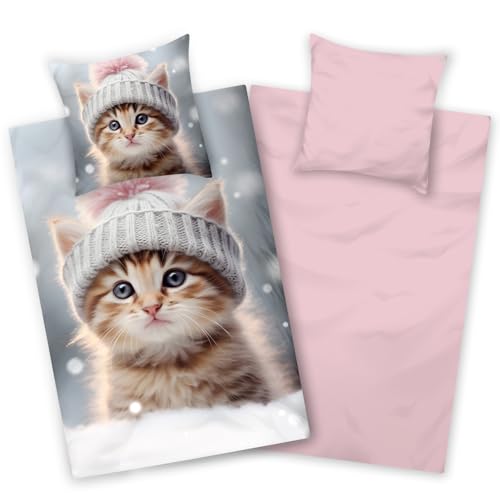 Aminata kids - Biberbettwäsche 135x200 Katzen-Motiv für Mädchen, Rosa grau, 100% Baumwolle, Reißverschluss - Warm, Weich & Kuschelig -...