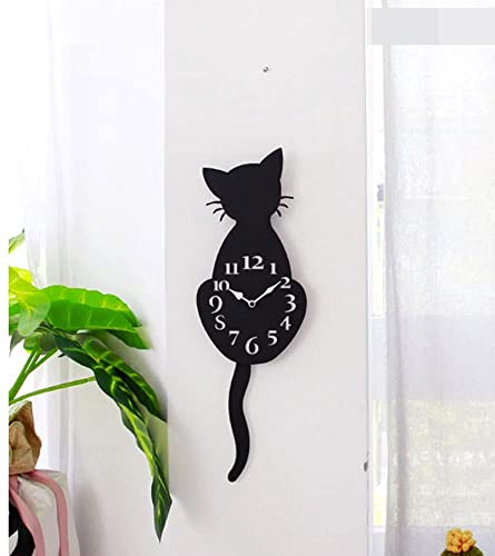 WinTaim Horloge murale en forme de chat avec pendule, jolie queue oscillante silencieuse pour...