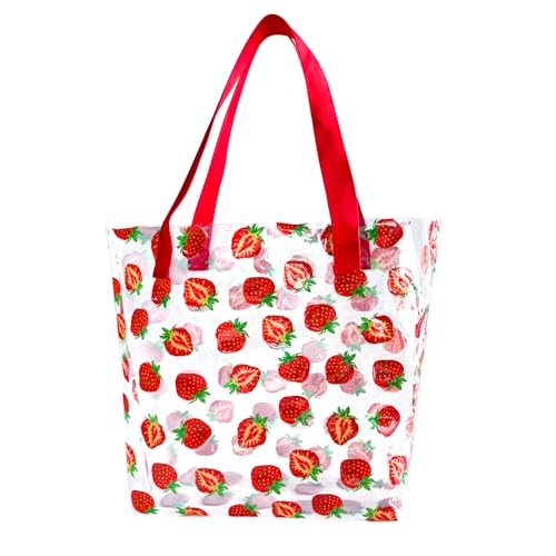 Kasepie Strawberry Clear Tote Bag - Large Women's Travel Shoulder Beach Bag - Portable, Waterproof