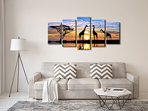 Pyradecor 5 Piece Modern Stretched African Landscape Canvas Prints Animals Sunset Artwork Pictures Paintings On Canvas Wall Art For Living Room Bedroom Kitchen Home Decorations #TOP2