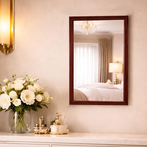 Image of Rousrie Premium Framed Glass Wall Mount Mirror, Decorative, for Bathroom, Bedroom, Living Room and Entryway, Wash Basin (14 by 20 Inch) (Dark Brown)