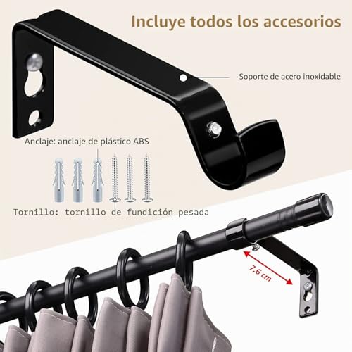 Miniatura 5 de Barra De Cortina, 76-340cm Barra Para Cortinas Extensible Con Soportes, 16 Mm De Diámetro Barra De Cortina Juego Ajustable De Herrajes De Acero Inoxidable Decorativa Para Dormitorio Negro Mate