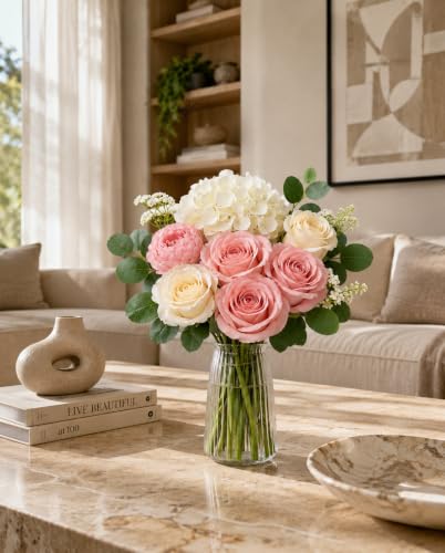 Image of Divyakosh Artificial Flowers Bunch (Vase Not Included). Artificial Flower for Vase, Flower Bouquet Gift, Pink Rose Peony Hydrangea Arrangement for Living Room Office Dining Table Centerpiece