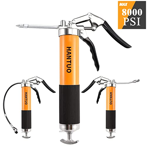 Hantuo Grease Gun, 8000 Psi Heavy Duty Pistol Grip Grease Gun Kit With 14 Oz Load, 18 Inch Spring Flex Hose, 2 Grease Couplers, 2 Extension Rigid Pipes And 1 Sharp Type Nozzle, Suit For Zerk Fittings #TOP1