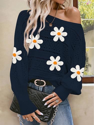 Image of Cakulo Womens Off Shoulder Sweater Top Fall Outfits Fashion 2025 Oversized Knit Batwing Long Sleeve Crochet Flower Sweaters
