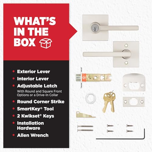 Image of Kwikset Halifax Keyed Storeroom Entry Door Handle with Lock and Key, Secure Keyed Reversible Lever Exterior, Front Entrance and Bedrooms, Satin Nickel, Pick Resistant SMT Rekey Security and Microban