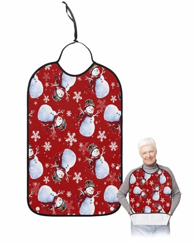 Christmas Adult Bibs for Eating, Christmas Winter Snowman Snowflakes Red Washable Elderly Adult Bibs for Men Women Large Reusable Adjustable Clothing Protector with Optional Crumb Catcher
