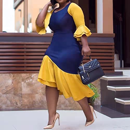 Cololura Women Plus Size Asymmetrical Patchwork Colorblock Blue Yellow Ruffle Long Sleeve Bodycon Party Midi Dress #TOP1