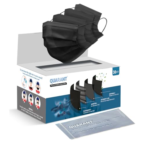 QUARANT 4 Ply Anti Pollution Activated Carbon Face Mask with Meltblown Fabric, Nose Clip & Reusable Travel Pouch (Black, Pack of 30) for Unisex