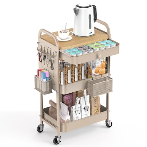 ALVOROG Rolling Cart with Drawer and Wood Table Top, 3 Tier Metal Rolling Utility Cart on Wheels with DIY Pegboards, Hanging Baskets, Hooks for Kitchen, Bedroom, Office, Craft Supplies