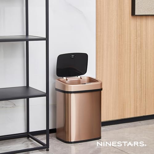 Image of Ninestars 3 Gallon Automatic Trash Can, 12L Touchless Motion Sensor Bathroom or Bedroom Garbage Can with Odor-Sealing Lid, Rectangular Gold Stainless Steel Base, Black Lid