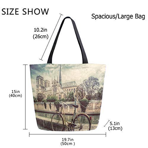 ZzWwR Vintage Paris Notre Dame Cathedral Seine River Bike Print Extra Large Canvas Shoulder Tote Top Storage Handle Bag for Gym Beach Weekender Travel Shopping