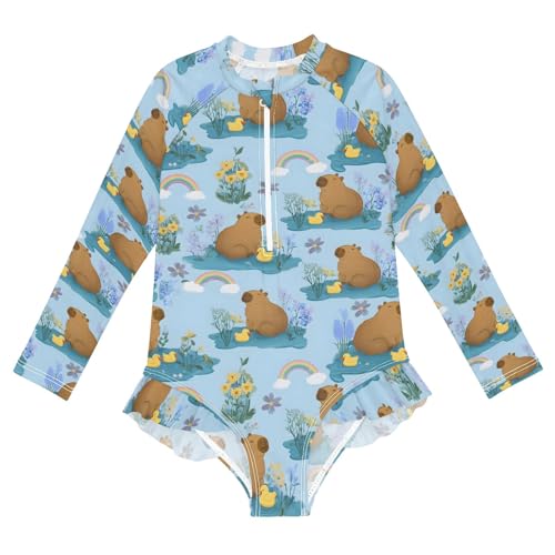 Duck Capybara Pattern Girls Long Sleeve Swimsuit Rash Guard One Piece Bathing Suits Zipper 3-12T