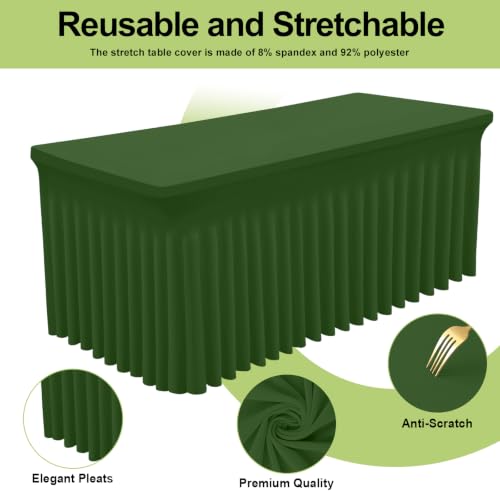 Image of Smiry Spandex Elastic Fitted Table Cloth Skirt for 8FT Rectangle Table | Stretch Washable Table Cloth, Banquet Table Cover for Wedding, Party, Indoor & Trade Shows, (Olive Green, 96Lx30Wx30H)